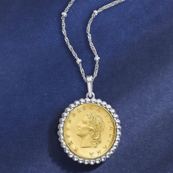 NEW Italian Genuine 20-Lira Coin Pendant Necklace in Sterling Silver. 18 inches - Picture 2 of 4